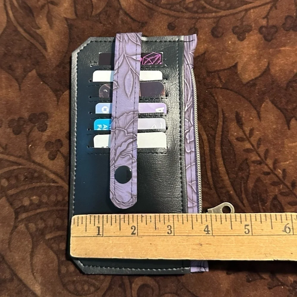 Wallet purple flowers black purse pall card holder zipper hand made - Picture 6 of 8